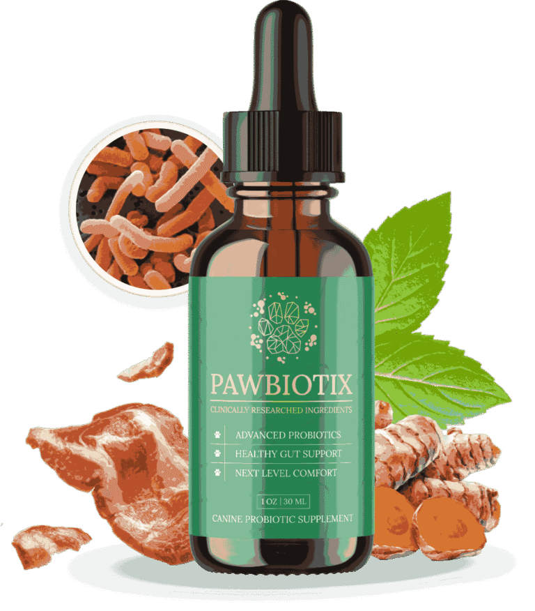 Pawbiotix probiotic supplement bottle for pets, designed to support digestive health and immune function.