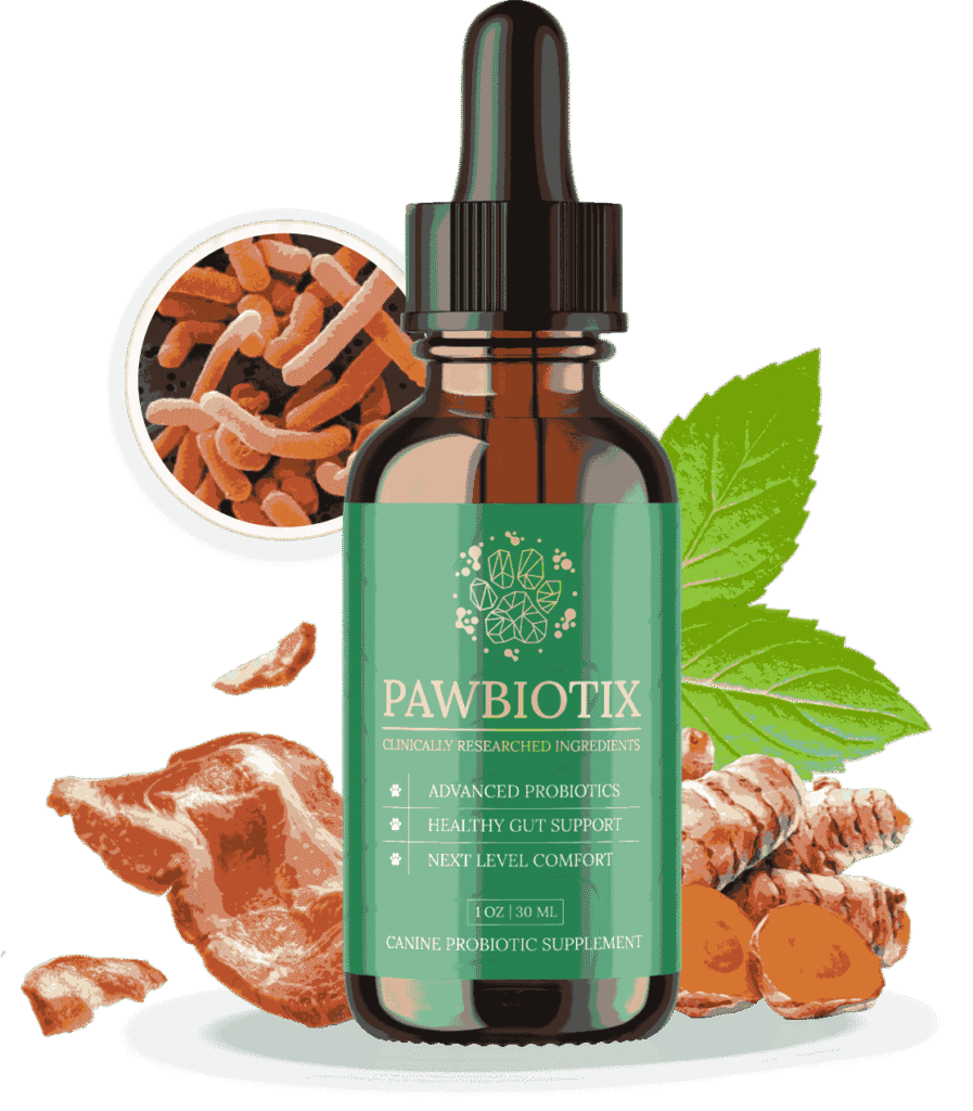 Pawbiotix probiotic supplement bottle for pets, designed to support digestive health and immune function.